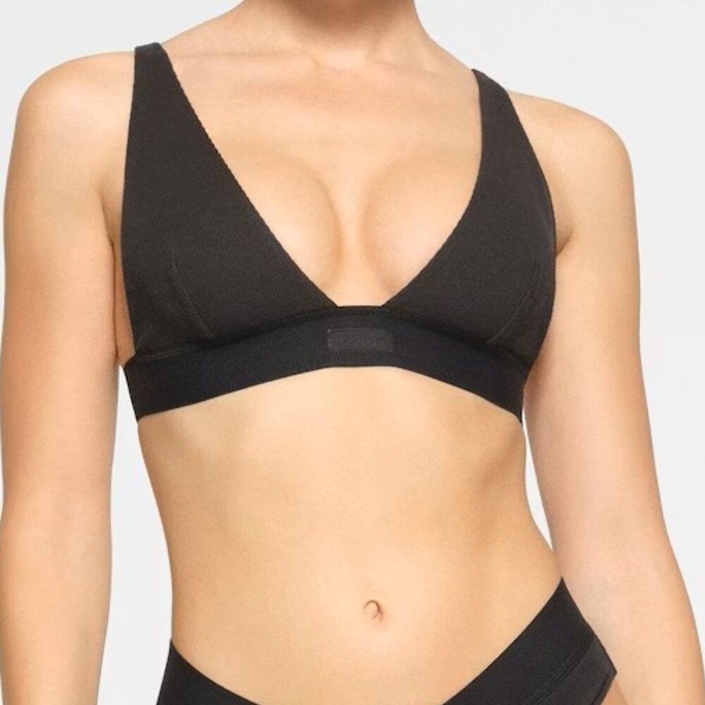 New Skims Bra‎ 3X Black Ribbed Triangle Plunge Bralette Wire Free Back Closure